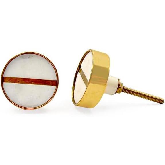 HAMILTON BRASS Round Stone & Brass Knob with Ceramic Finish | White Face Line Accent Decorative Drawer & Cabinet Pull Handle | 41x41 mm Face | 25 mm Depth | 12 mm Height | Furniture Hardware
