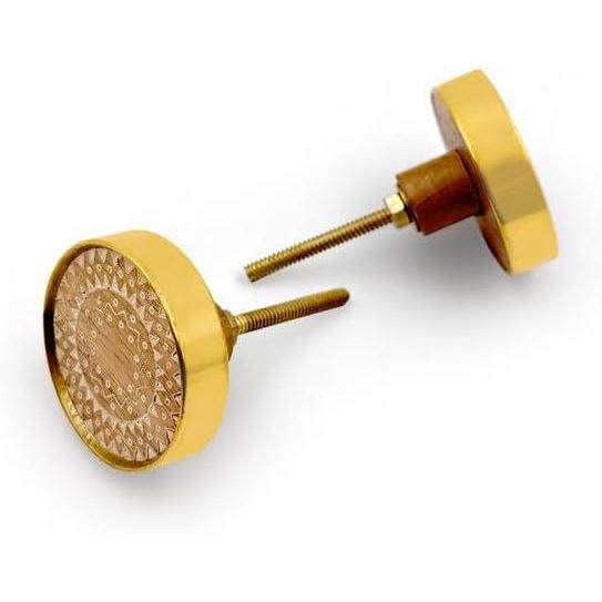 HAMILTON BRASS Round Wood & Brass Knob with Geometric Pattern | Ceramic Finish Cabinet Drawer Pull Handle | Decorative Knob for Dressers, Wardrobes | 46x46 mm Face | 25 mm Depth | 11 mm Height