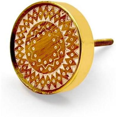 HAMILTON BRASS Round Wood & Brass Knob with Geometric Pattern | Ceramic Finish Cabinet Drawer Pull Handle | Decorative Knob for Dressers, Wardrobes | 46x46 mm Face | 25 mm Depth | 11 mm Height