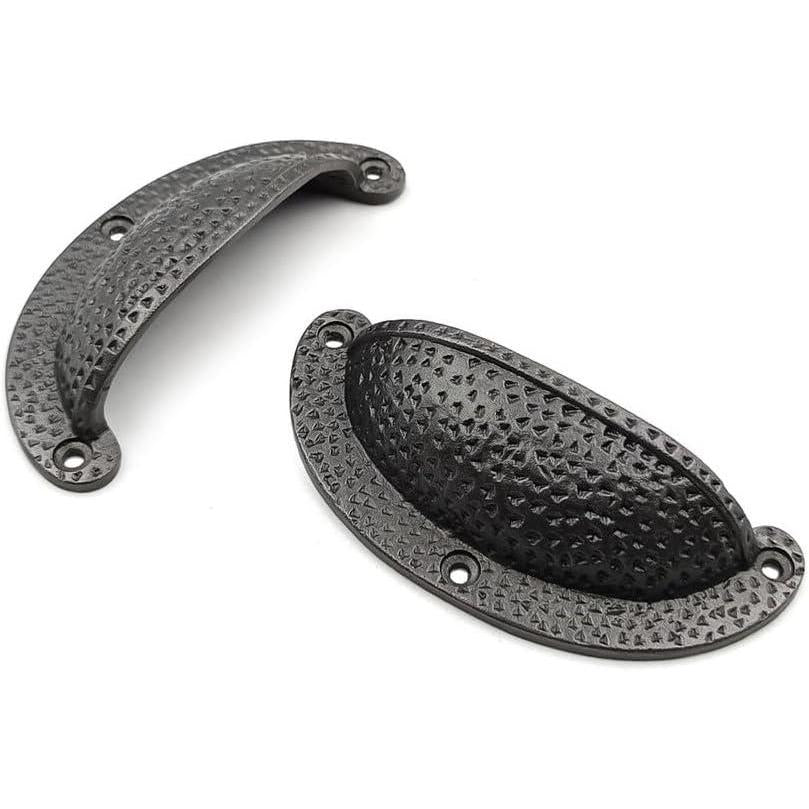 HAMILTON BRASS Textured Half Moon Cup Handle Strong Cast Iron Material | Drawer Pull Antique Iron Finish | Rustic Vintage Cabinet & Cupboard | 112 mm Length x 100 mm Hole-to-Hole Distance