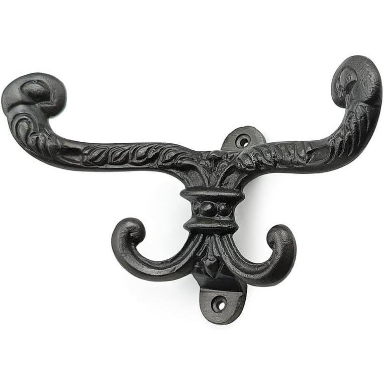 HAMILTON BRASS Vintage Wall Mounted Antique Iron Double Coat Hook | Rustic Cast Iron Decorative Hook | 165 mm Height × 165 mm Width × 85 mm Base × 76 mm Hole Distance | Hanger for Coats, Hats