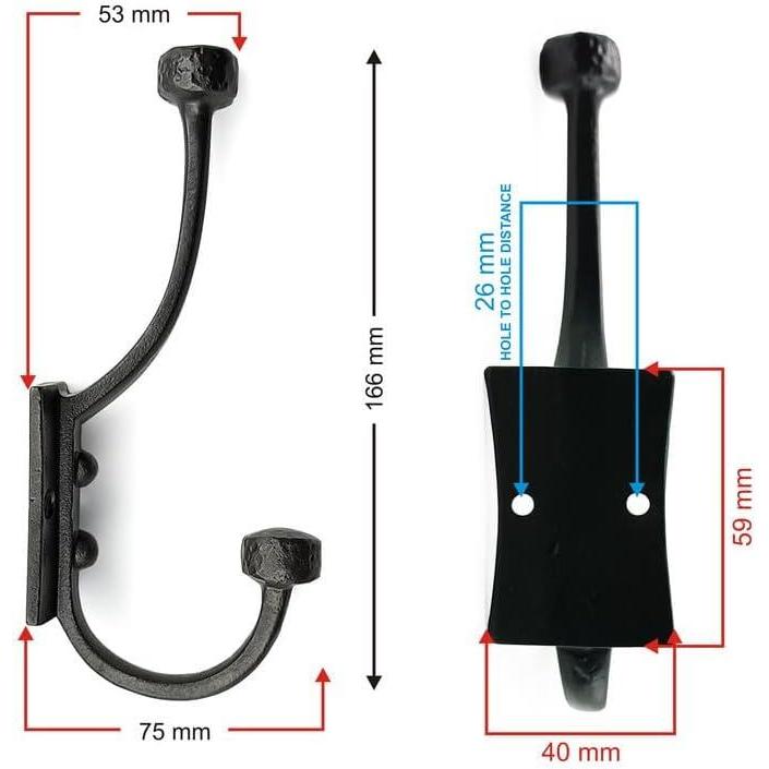 HAMILTON BRASS Wall Mounted Cast Iron Double Coat Hook | Antique Iron Vintage Hook | 166 mm Height × 75 mm Depth × 53 mm Upper Hook × 40 mm Base Width × 59 mm Base Height | Hanger for Coats