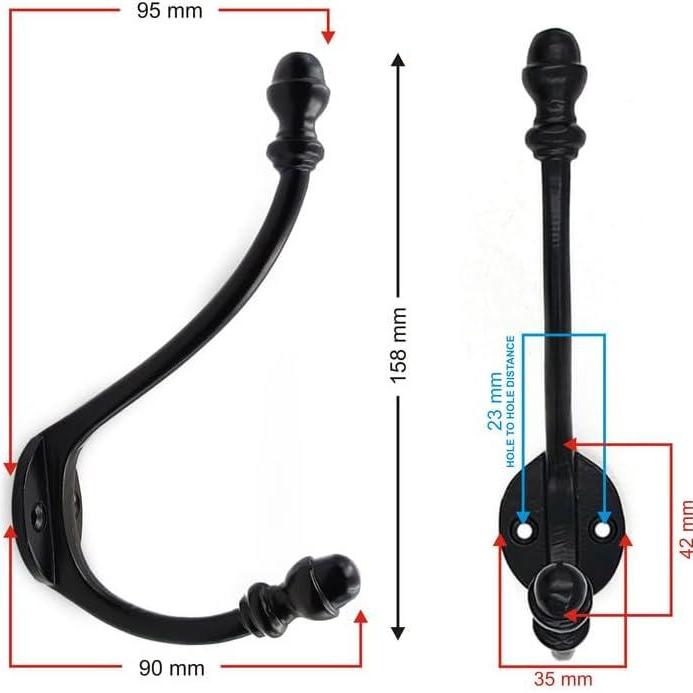 HAMILTON BRASS Wall Mounted Cast Iron Double Coat Hook | Black Powder Coated Finish | 158 mm Height × 95 mm Upper Depth × 90 mm Lower Depth × 35 mm Width | Oval Base Hanger for Coats, Hats