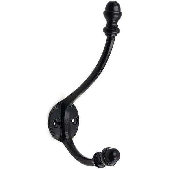 HAMILTON BRASS Wall Mounted Cast Iron Double Coat Hook | Black Powder Coated Finish | 158 mm Height × 95 mm Upper Depth × 90 mm Lower Depth × 35 mm Width | Oval Base Hanger for Coats, Hats