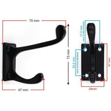 HAMILTON BRASS Wall Mounted Cast Iron Double Coat Hook | Black Powder Coated Finish | 73 mm Height × 75 mm Width × 47 mm Depth | Decorative Hanger for Coats, Hats, Bags | Compact Metal Hook