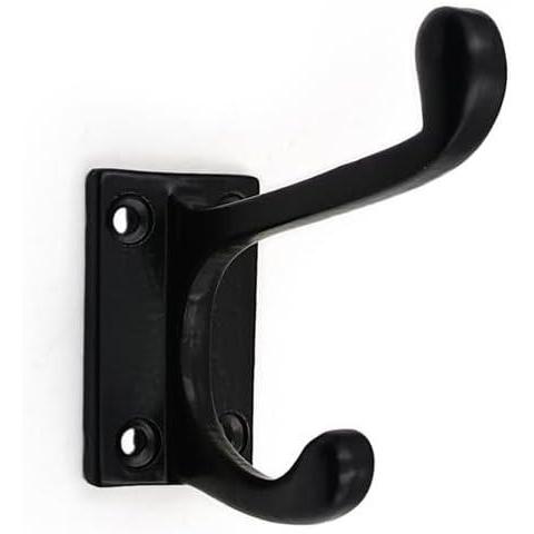 HAMILTON BRASS Wall Mounted Cast Iron Double Coat Hook | Black Powder Coated Finish | 73 mm Height × 75 mm Width × 47 mm Depth | Decorative Hanger for Coats, Hats, Bags | Compact Metal Hook