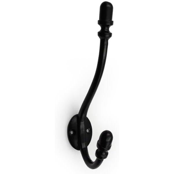 HAMILTON BRASS Wall Mounted Cast Iron Double Coat Hook | Black Powder Coated Hook | 177 mm Height × 97 mm Upper Hook × 82 mm Depth × 30 mm Base Width × 41 mm Base Height | Hanger for Coats