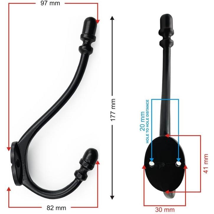 HAMILTON BRASS Wall Mounted Cast Iron Double Coat Hook | Black Powder Coated Hook | 177 mm Height × 97 mm Upper Hook × 82 mm Depth × 30 mm Base Width × 41 mm Base Height | Hanger for Coats