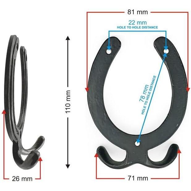 HAMILTON BRASS Wall Mounted Cast Iron Horseshoe Style Double Coat Hook | Antique Iron Hook | 110 mm Height × 81 mm Width × 26 mm Depth × 71 mm Base Width | Decorative Hanger for Coats, Hats