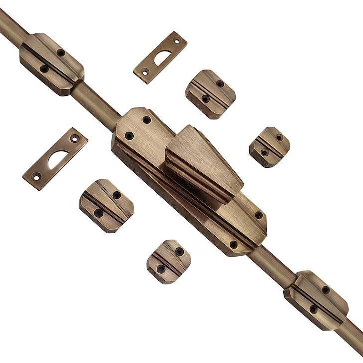 Hamilton Brass Art Deco Door Brass Espagnolette Bolt or Cremone Bolt 9 feet Antique Brass Unlacquered Up to 9 feet Doors
