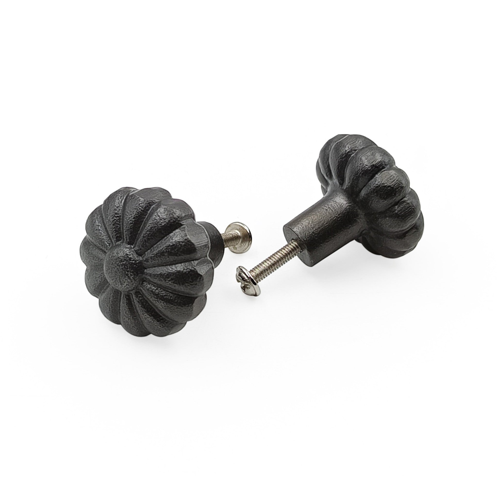 Hamilton Brass Decorative Black Cast Iron Knob | Antique Iron Pumpkin Shape Cabinet Pull Handle for Drawers, Dressers, Cupboards, Furniture | 36mm x 34mm 50mm with 14mm Screw
