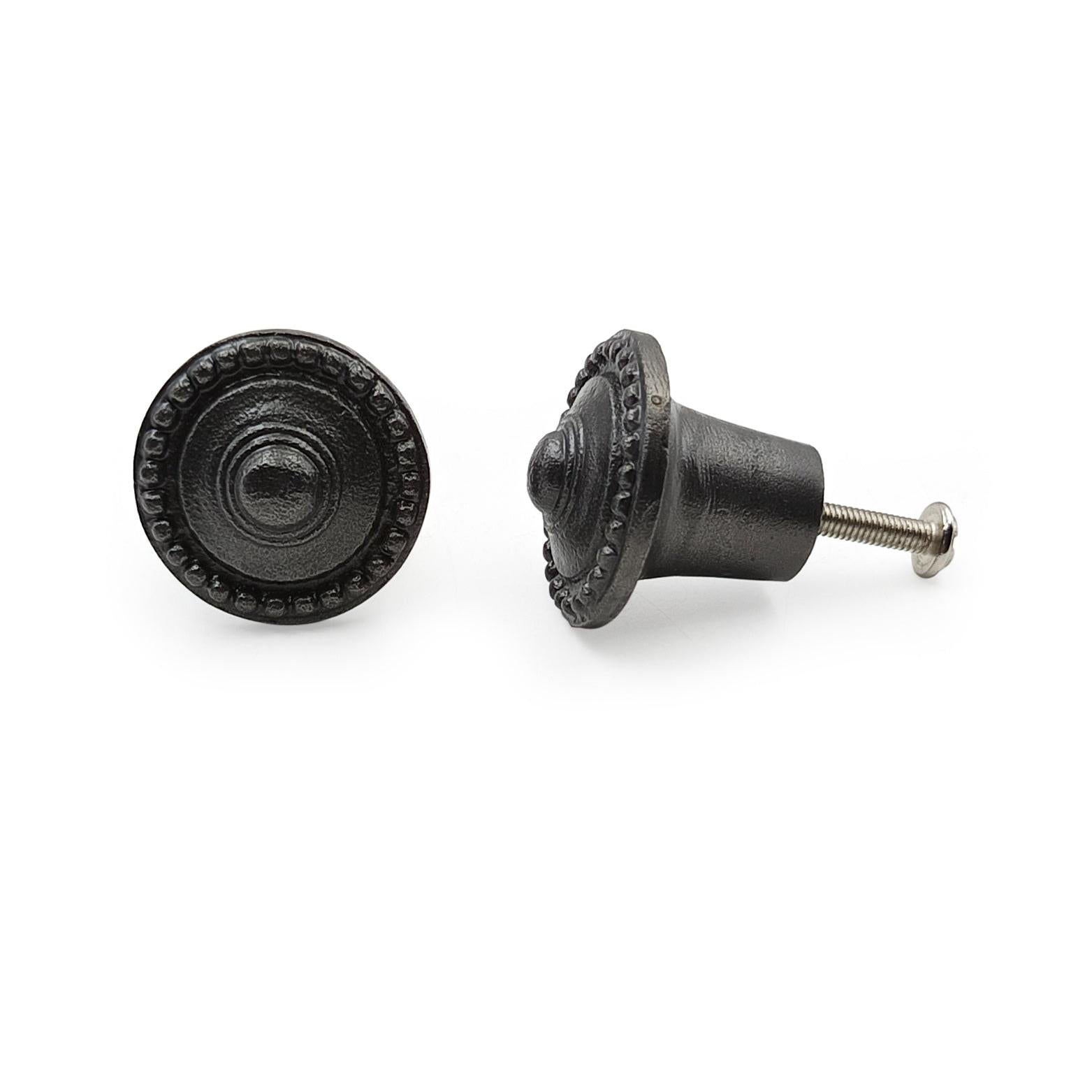 Hamilton Brass Decorative Black Cast Iron Knob | Antique Iron Round Cabinet Pull Handle Detailed Border Design for Drawers, Dressers, Cupboards, Kitchen Cabinets, (32.3mm x 31mm 51mm)