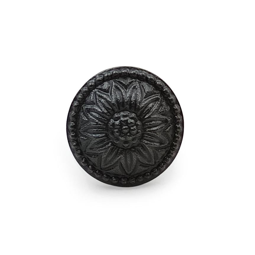 Hamilton Brass Decorative Black Cast Iron Knob | Antique Iron Sunflower Design Cabinet Handle Detailed Border for Drawers, Dressers, Cupboards, Kitchen Cabinets, (36mm x 37mm 55mm)