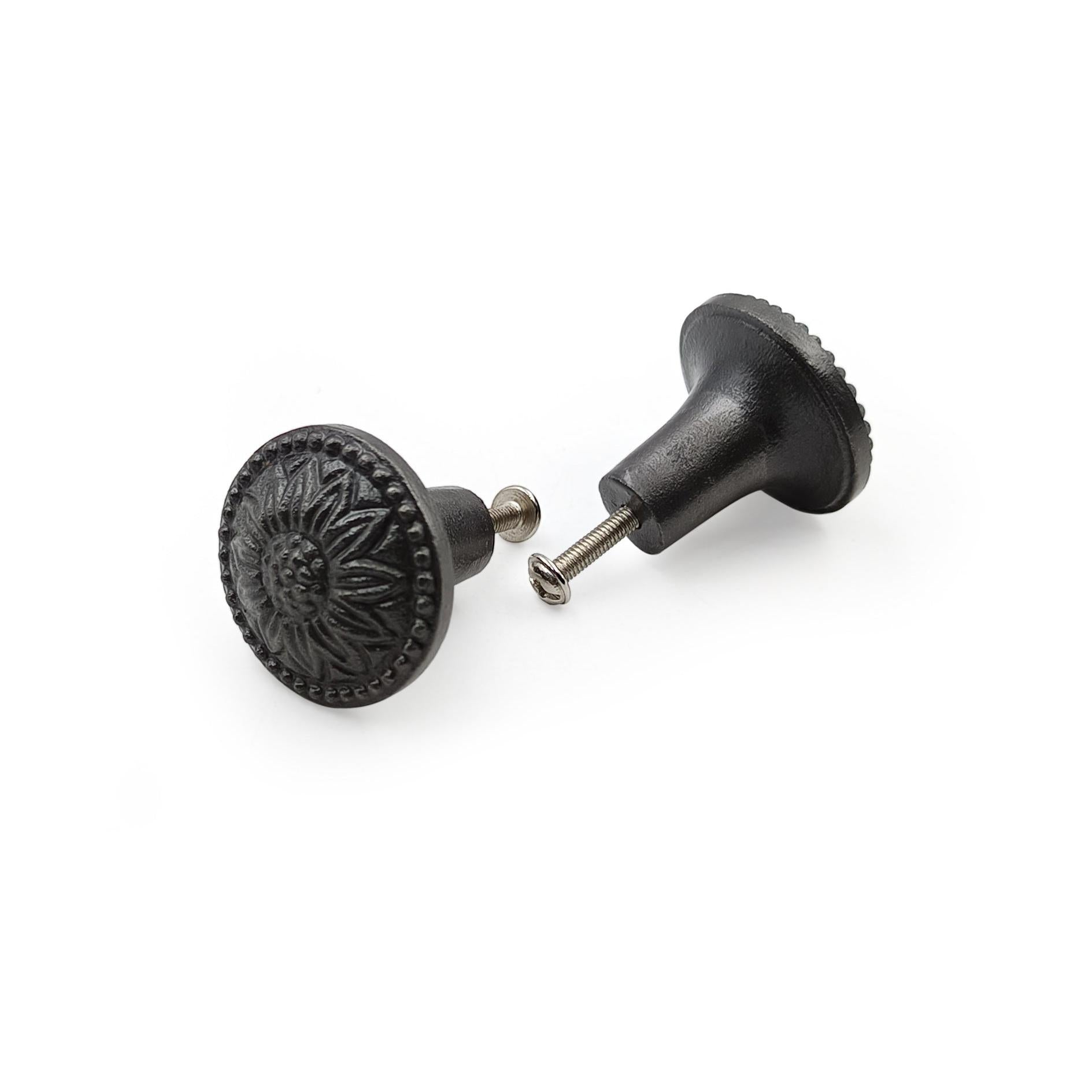 Hamilton Brass Decorative Black Cast Iron Knob | Antique Iron Sunflower Design Cabinet Handle Detailed Border for Drawers, Dressers, Cupboards, Kitchen Cabinets, (36mm x 37mm 55mm)