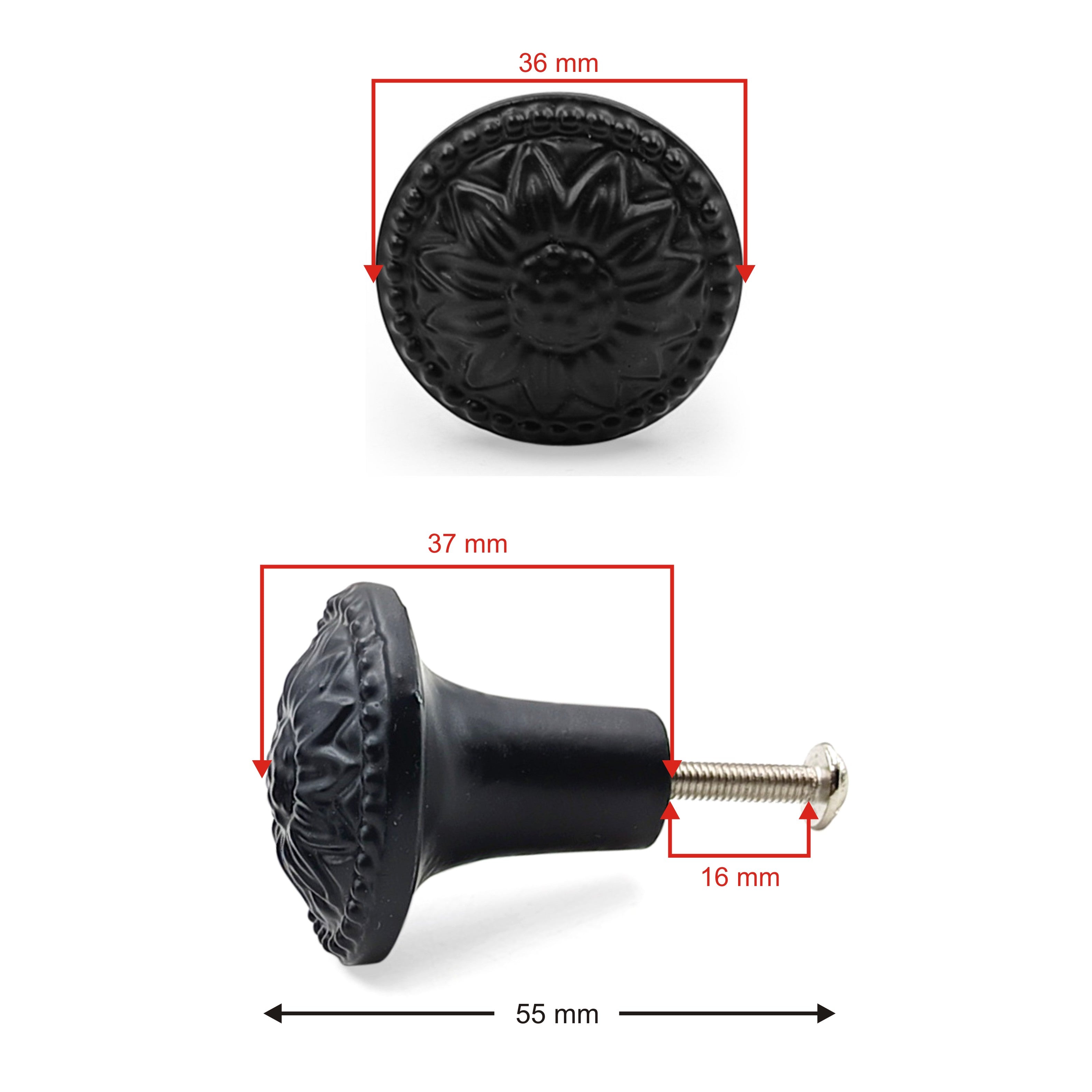Hamilton Brass Decorative Black Cast Iron Knob | Antique Iron Sunflower Design Cabinet Handle Detailed Border for Drawers, Dressers, Cupboards, Kitchen Cabinets, (36mm x 37mm 55mm)