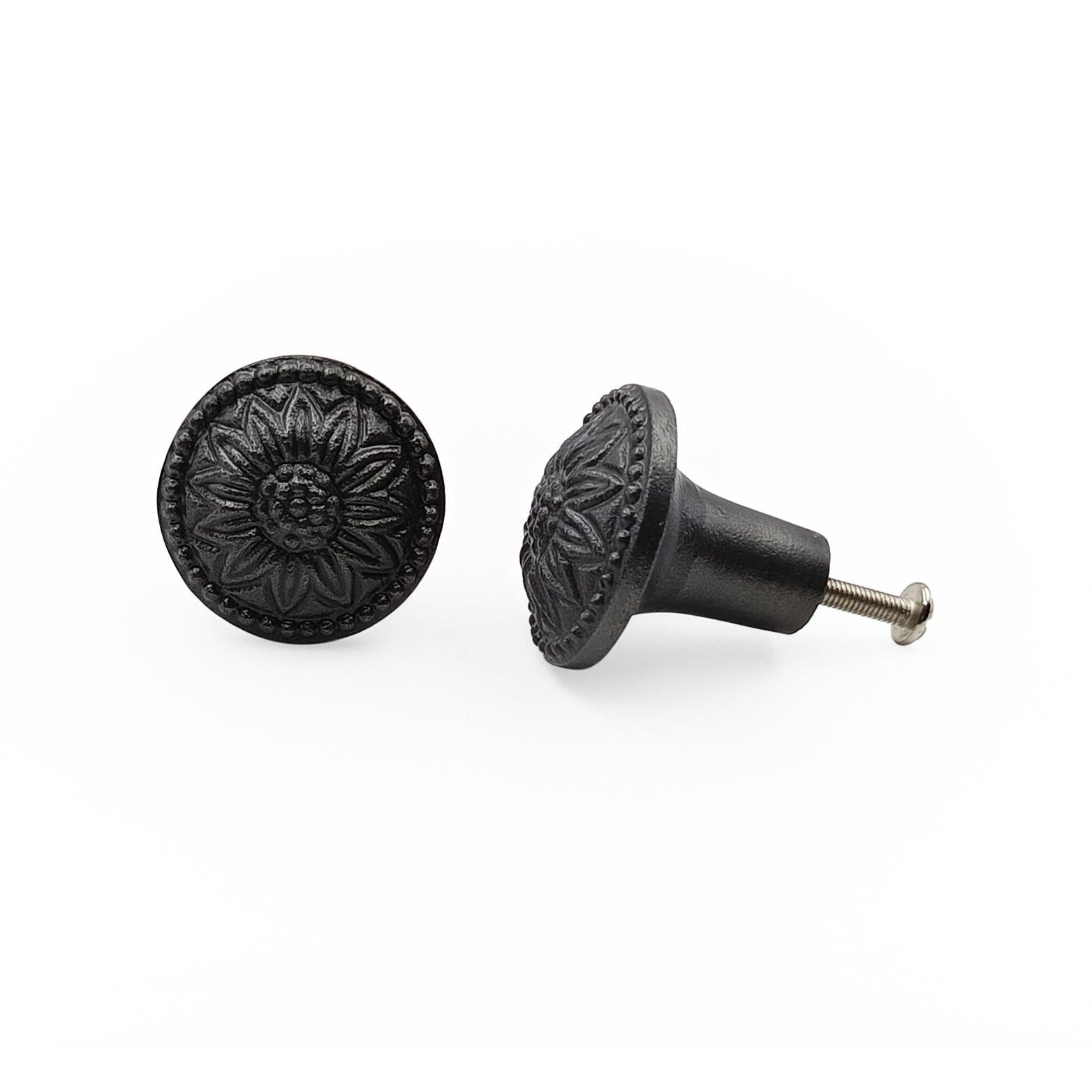 Hamilton Brass Decorative Black Cast Iron Knob | Antique Iron Sunflower Design Cabinet Handle Detailed Border for Drawers, Dressers, Cupboards, Kitchen Cabinets, (36mm x 37mm 55mm)