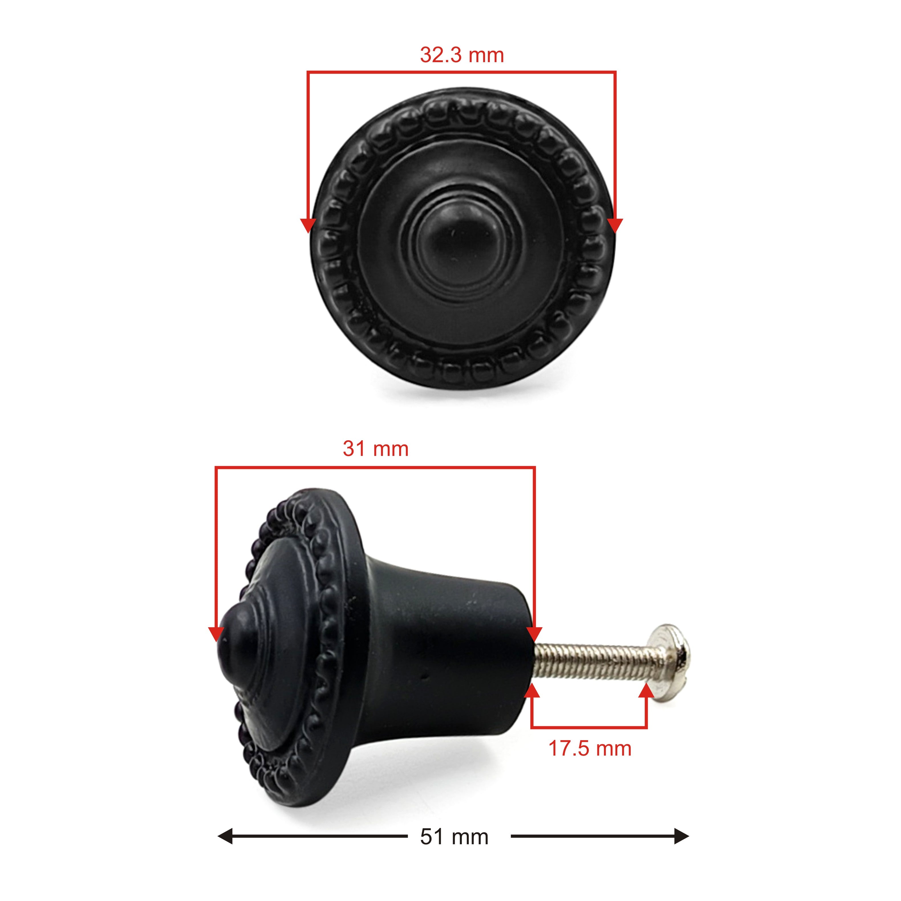 Hamilton Brass Decorative Black Cast Iron Knob | Black Powder Coated Round Cabinet Pull Handle Detailed Border Design for Drawers, Cupboards, Kitchen Cabinets, (32mm x 31mm 51mm)