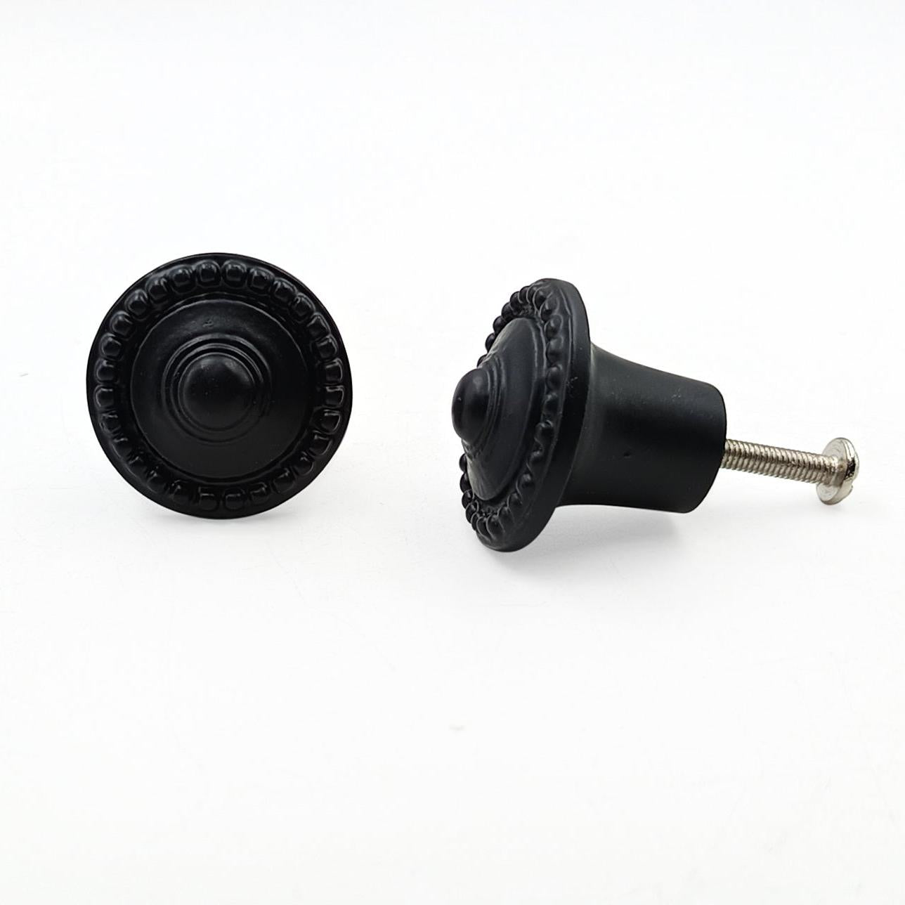 Hamilton Brass Decorative Black Cast Iron Knob | Black Powder Coated Round Cabinet Pull Handle Detailed Border Design for Drawers, Cupboards, Kitchen Cabinets, (32mm x 31mm 51mm)