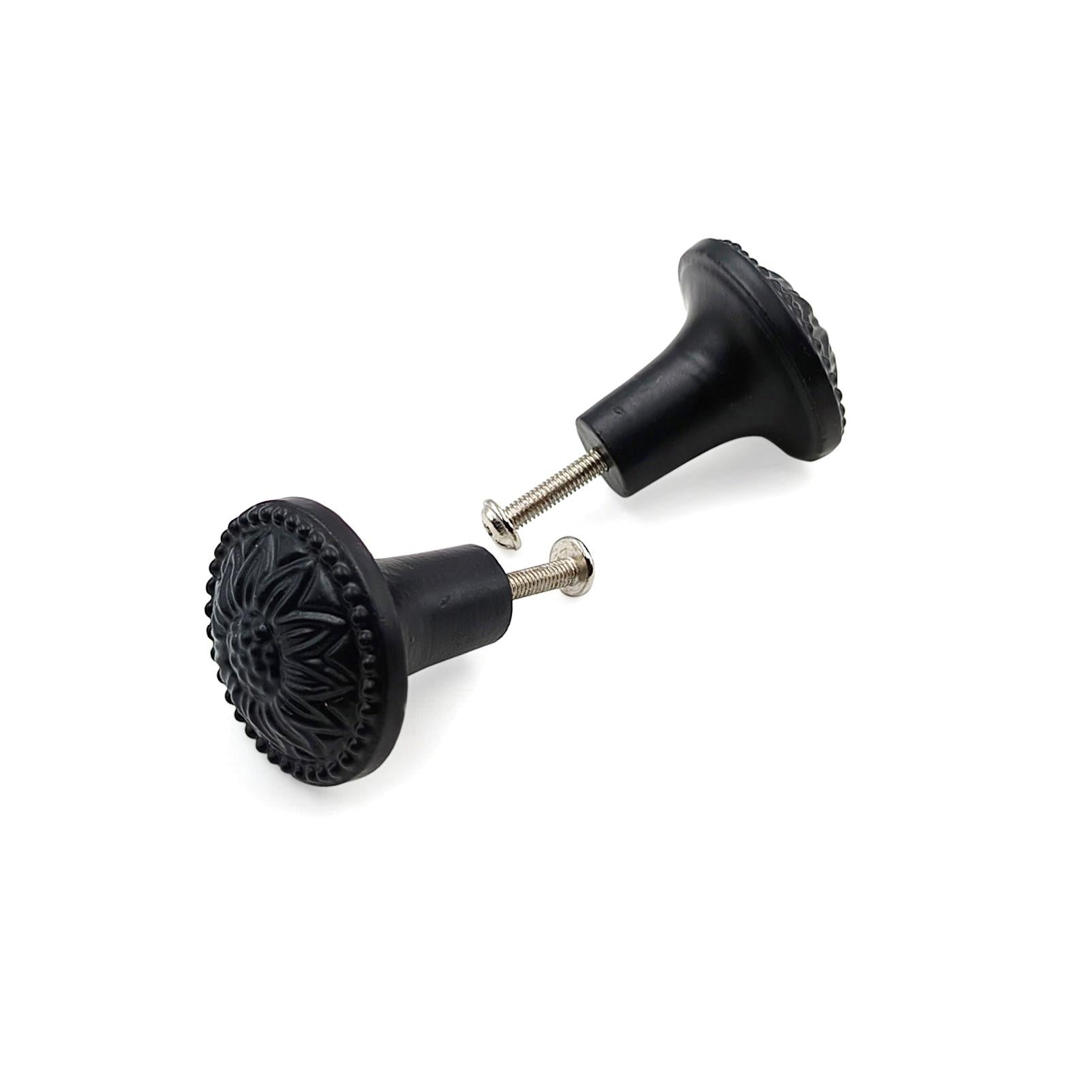 Hamilton Brass Decorative Cast Iron Knob Black Powder Coated | Sunflower Design Cabinet Handle Detailed Border for Drawers, Cupboards, Kitchen Cabinets, (36mm x 37mm 55mm)