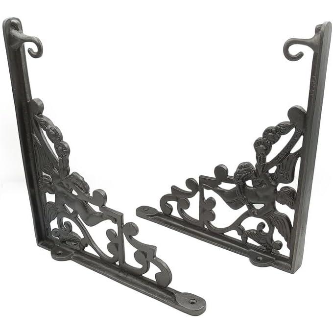 Hamilton Brass Heavy Duty Shelf Bracket Antique Cast Iron Finish | (Length: 320mm, Height: 280mm, Hole: 28mm) Wall Mount Support for Wood, Metal, Glass Shelves