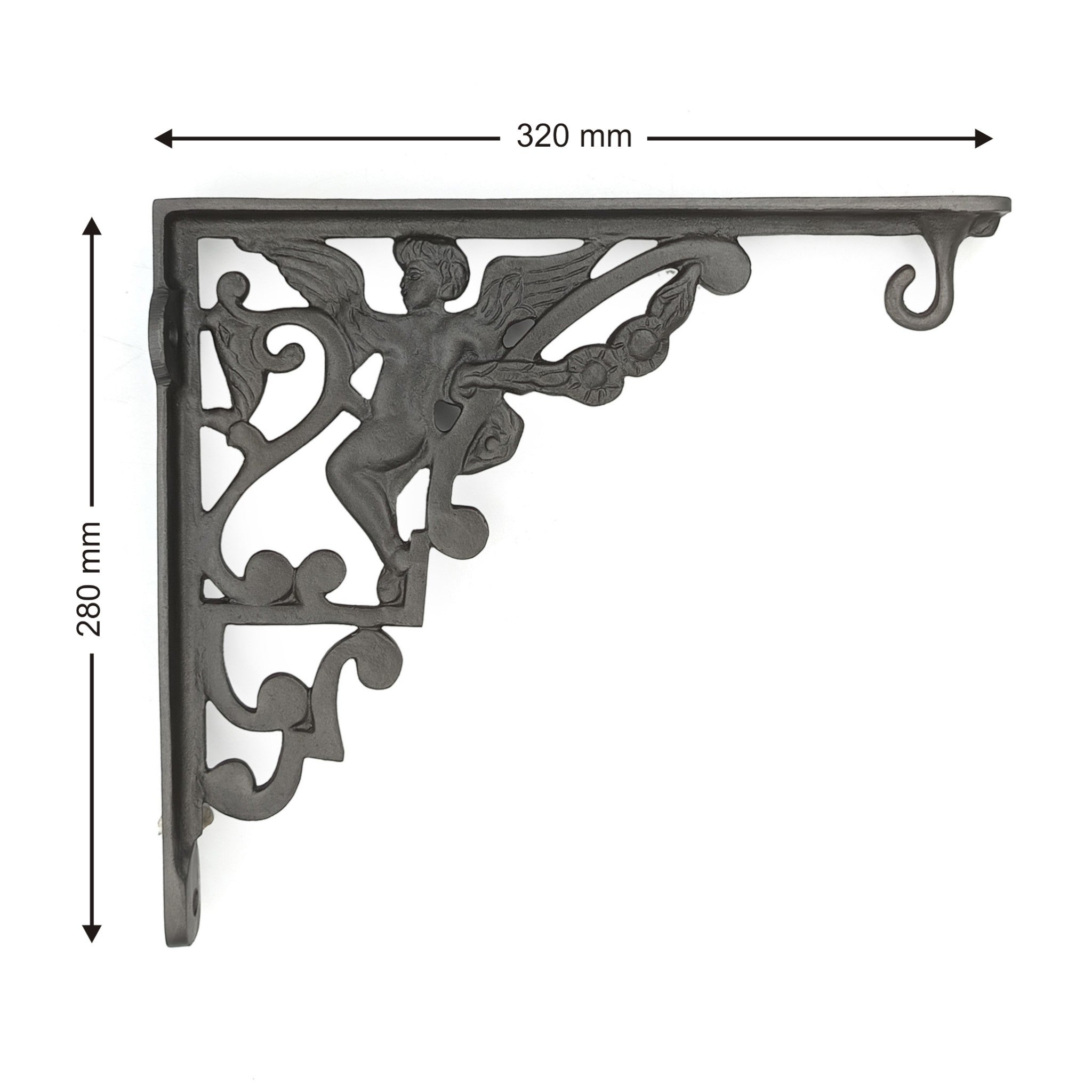 Hamilton Brass Heavy Duty Shelf Bracket | Black Powder Coated Cast Iron Finish | Length: 300mm, Height: 225mm, Width: 25mm, Thickness: 5mm, Hole: 6mm | Wall Mount Support for Glass Shelves
