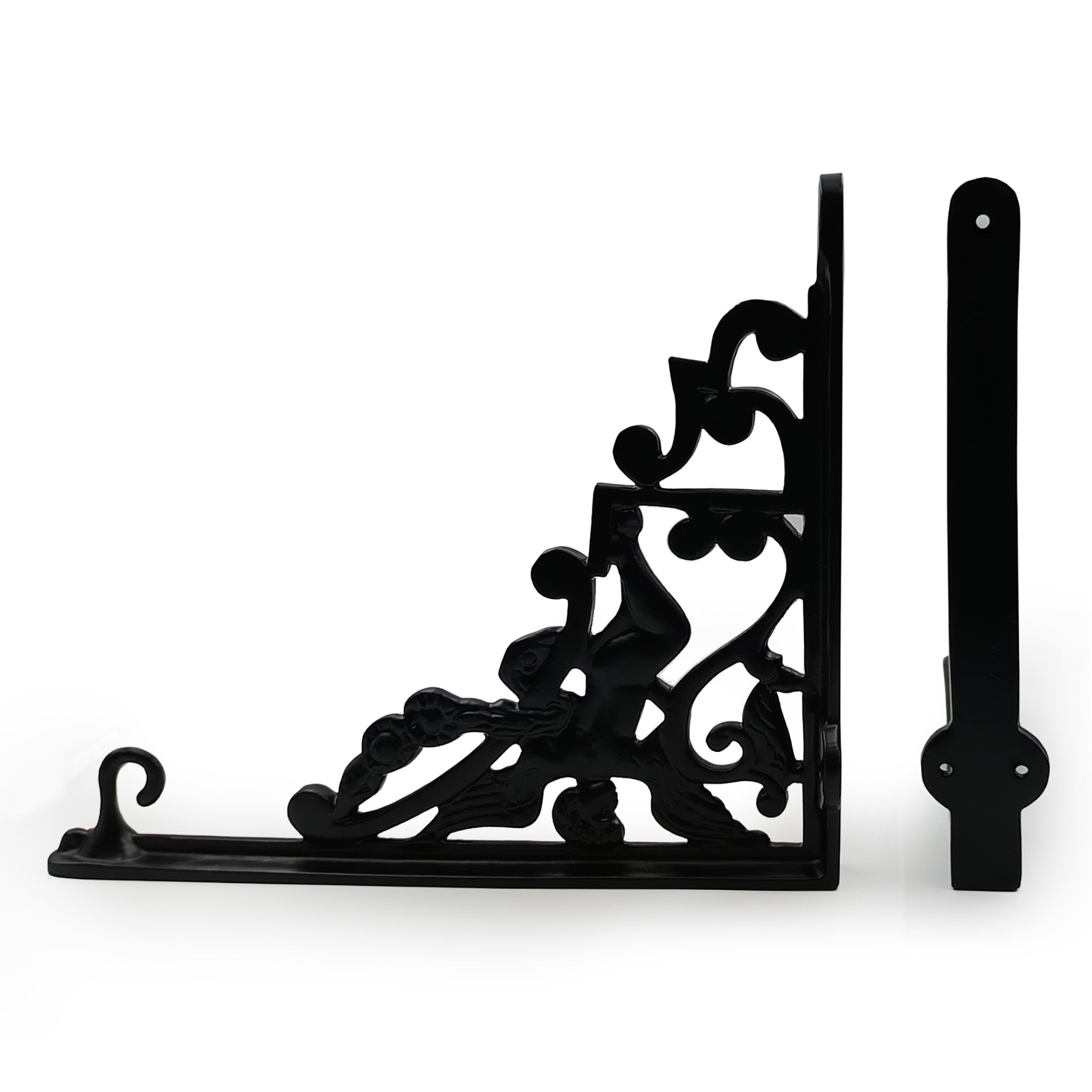 Hamilton Brass Heavy Duty Shelf Bracket | Black Powder Coated Cast Iron Finish | Length: 300mm, Height: 225mm, Width: 25mm, Thickness: 5mm, Hole: 6mm | Wall Mount Support for Glass Shelves