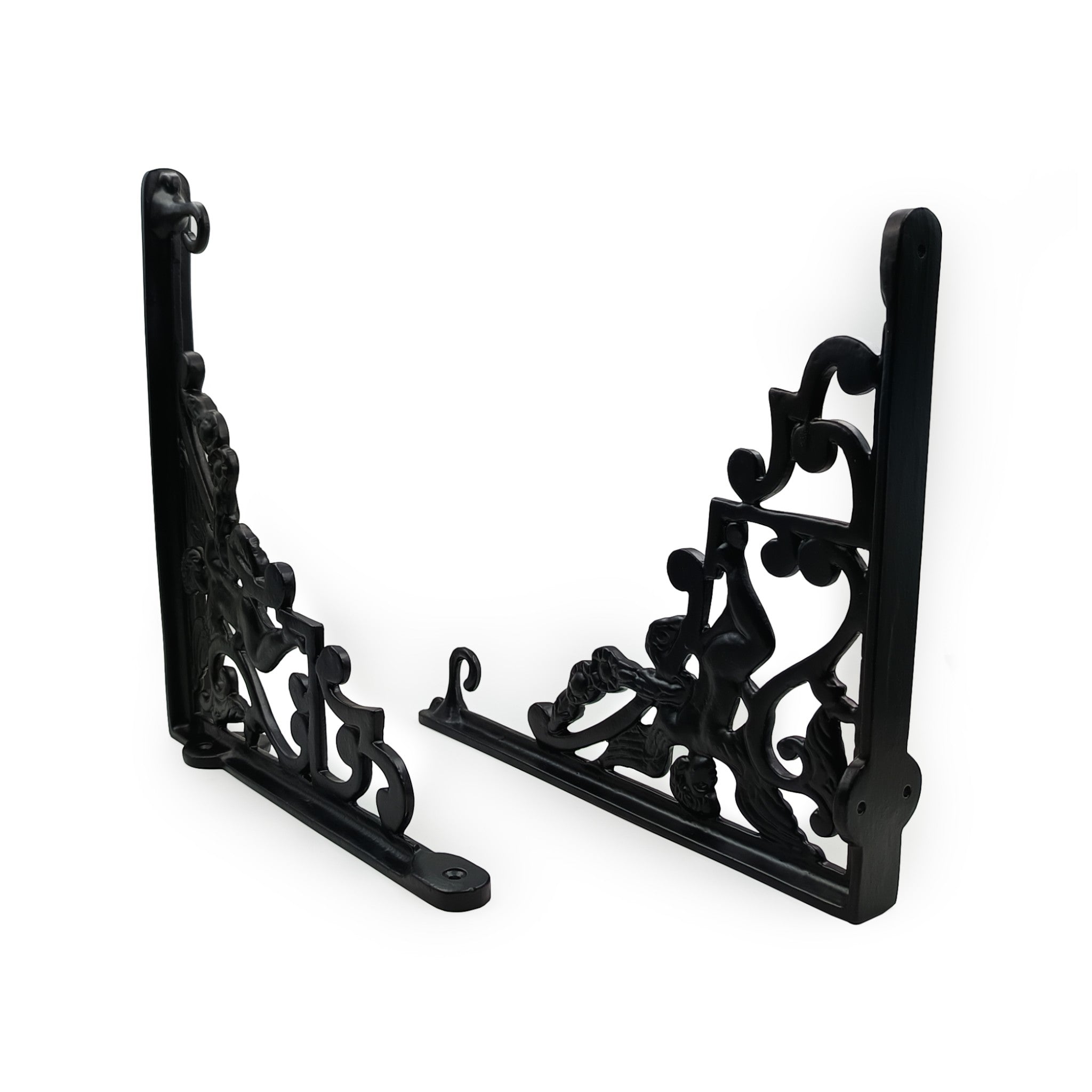 Hamilton Brass Heavy Duty Shelf Bracket | Black Powder Coated Cast Iron Finish | Length: 300mm, Height: 225mm, Width: 25mm, Thickness: 5mm, Hole: 6mm | Wall Mount Support for Glass Shelves