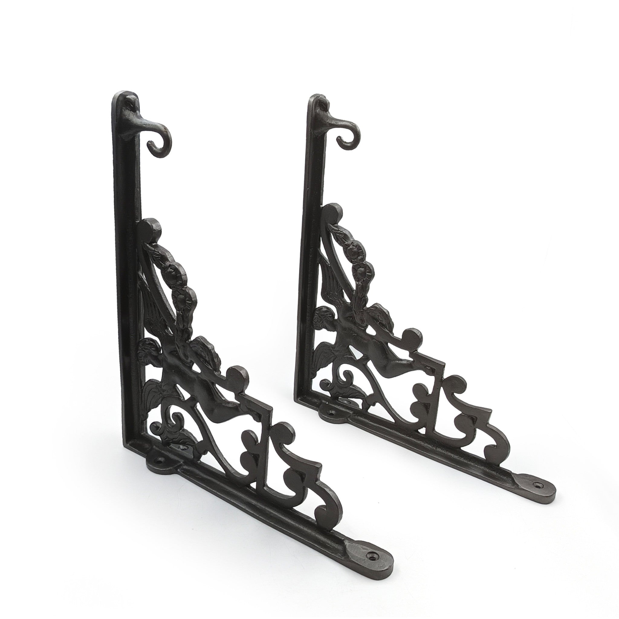 Hamilton Brass Heavy Duty Shelf Bracket | Black Powder Coated Cast Iron Finish | Length: 300mm, Height: 225mm, Width: 25mm, Thickness: 5mm, Hole: 6mm | Wall Mount Support for Glass Shelves