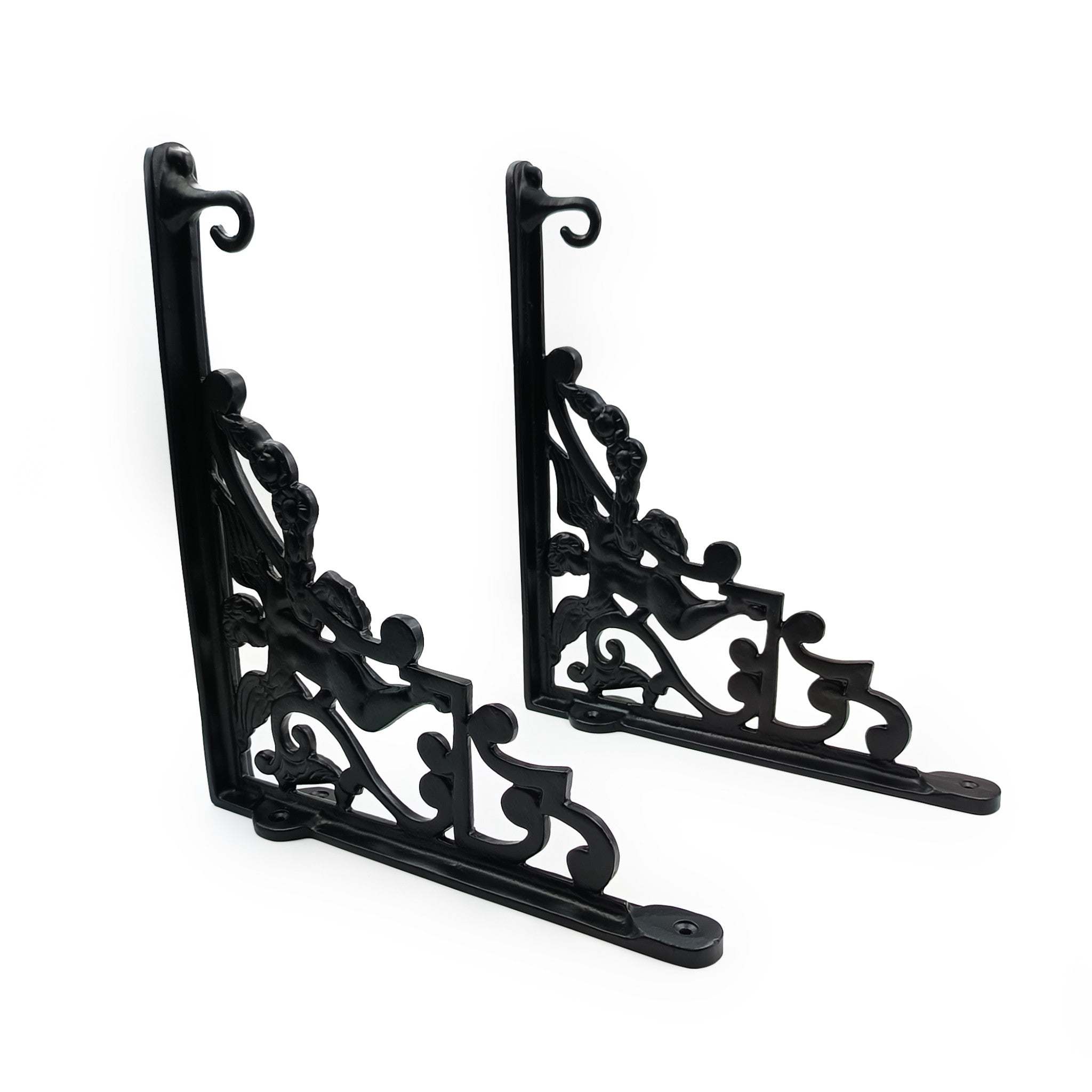 Hamilton Brass Heavy Duty Shelf Bracket | Black Powder Coated Cast Iron Finish | Length: 300mm, Height: 225mm, Width: 25mm, Thickness: 5mm, Hole: 6mm | Wall Mount Support for Glass Shelves