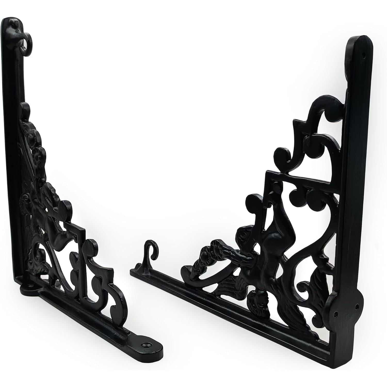 Hamilton Brass Heavy Duty Shelf Bracket | Black Powder Coated Cast Iron Finish | Length: 300mm, Height: 225mm, Width: 25mm, Thickness: 5mm, Hole: 6mm | Wall Mount Support for Glass Shelves