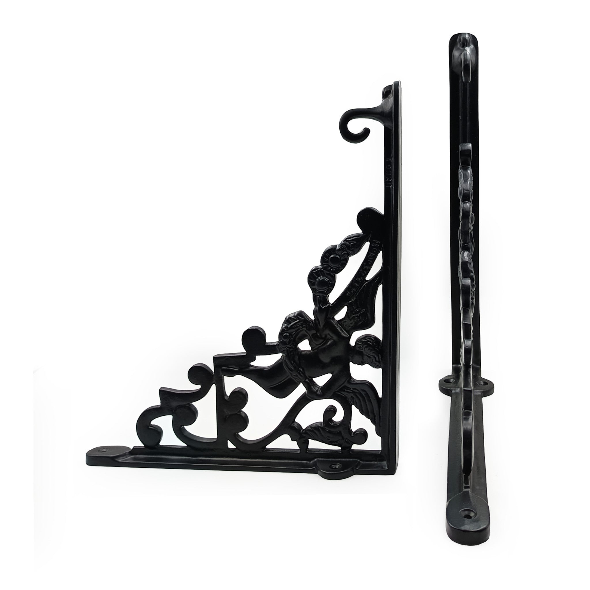 Hamilton Brass Heavy Duty Shelf Bracket | Black Powder Coated Cast Iron Finish | Length: 300mm, Height: 225mm, Width: 25mm, Thickness: 5mm, Hole: 6mm | Wall Mount Support for Glass Shelves