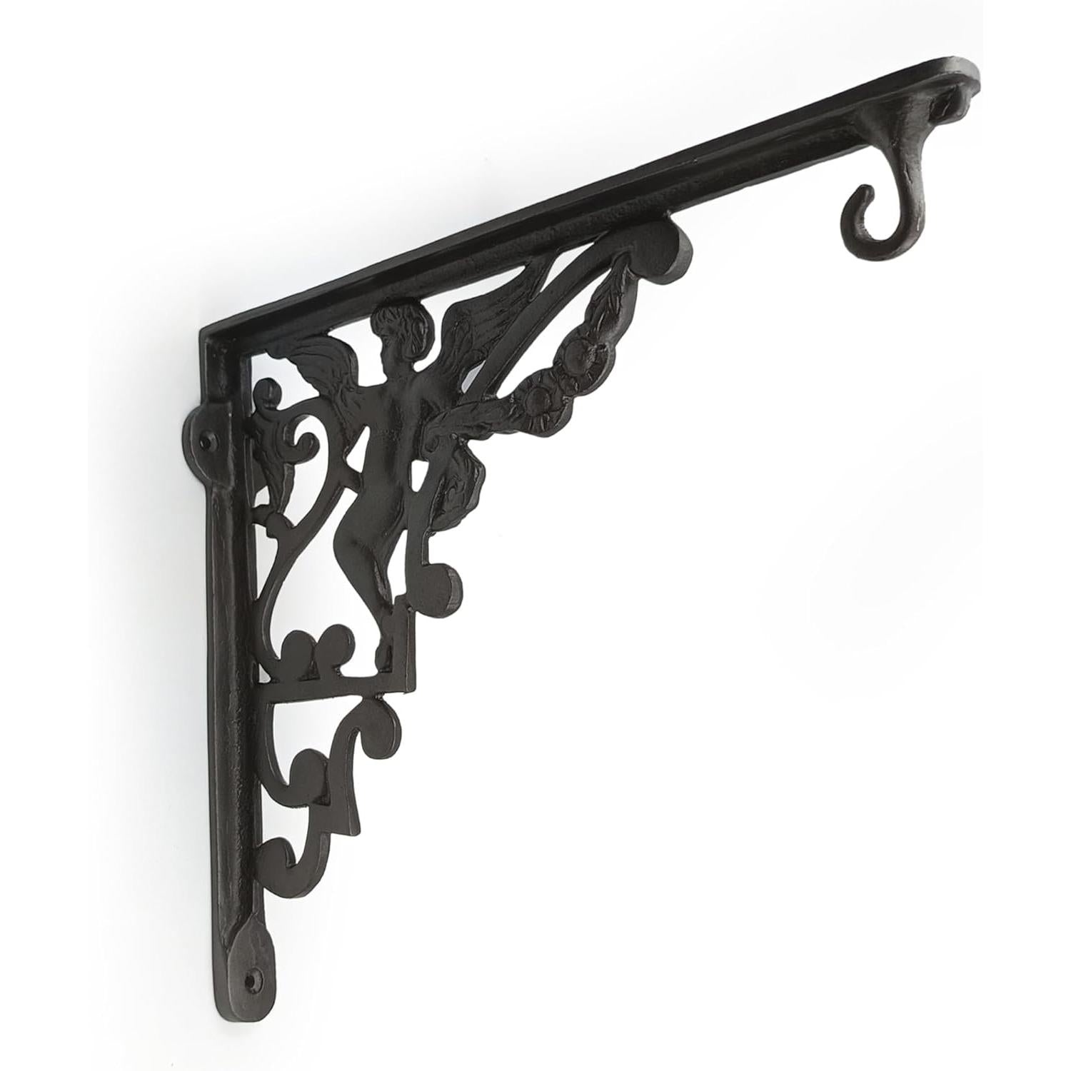 Hamilton Brass Heavy Duty Shelf Bracket | Black Powder Coated Cast Iron Finish | Length: 300mm, Height: 225mm, Width: 25mm, Thickness: 5mm, Hole: 6mm | Wall Mount Support for Glass Shelves