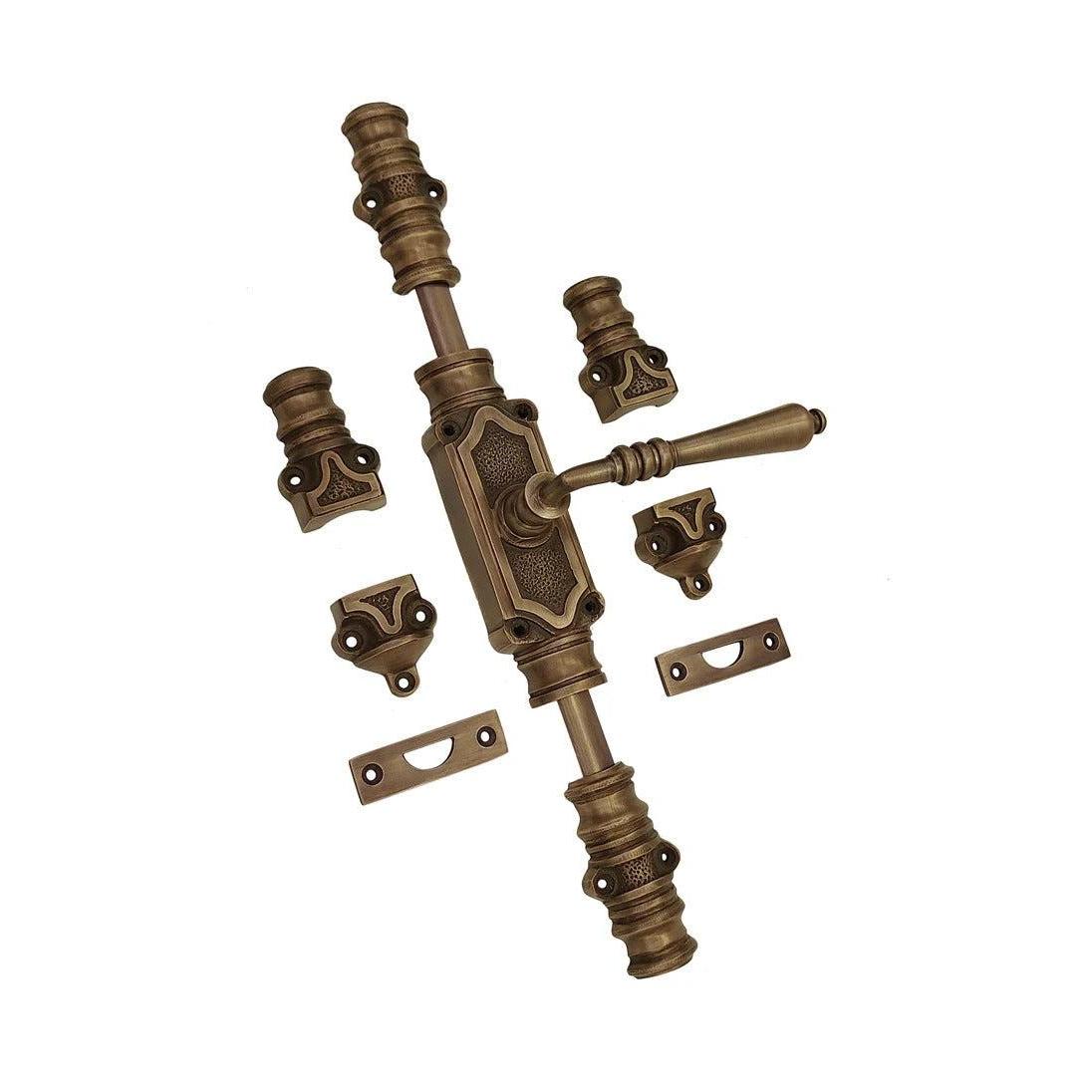 Hamilton Brass Lever Handle Door Brass Espagnolette Bolt or Cremone Bolt Unlacquered Antique Brass Upto 9 feet Doors