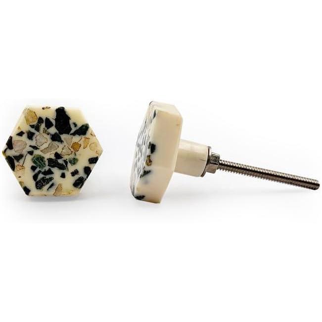 Hexagon Resin Knob with Terrazzo Pattern | Ceramic Finish Cabinet Drawer Pull Handle | Decorative Knob for Dressers Wardrobes | 41x35 mm Face | 11 mm Height | 70 mm Screw Length