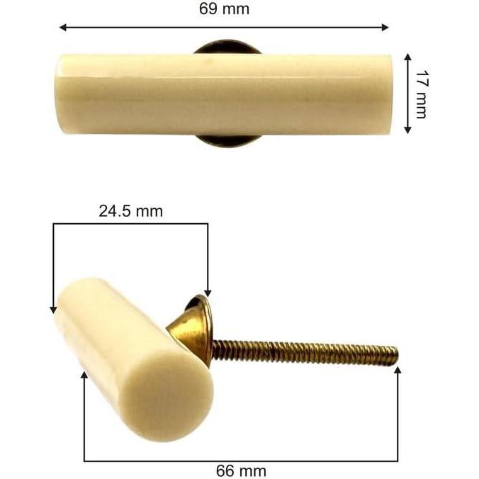 Long Cabinet Knob | Resin & Brass Material | Cream Shade with Ceramic Finish | Decorative Drawer Pull Handle for Dressers | 69x17 mm Face | 24.5 mm Depth | 66 mm Screw Length