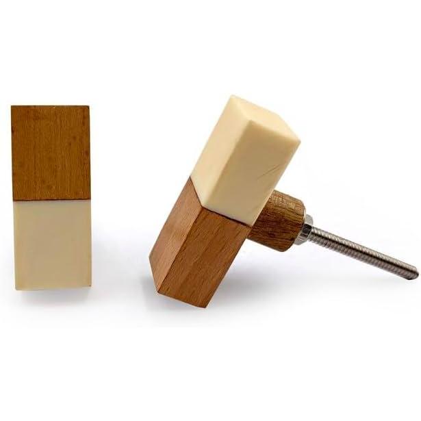 Rectangular Cabinet Knob | Wood & Resin Material Furniture Handle | Ceramic Finish Decorative Drawer Knob for Dressers, Cupboards | 52x21 mm Face | 29 mm Depth | 15 mm Thickness