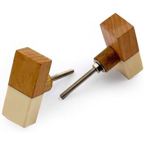 Rectangular Cabinet Knob | Wood & Resin Material Furniture Handle | Ceramic Finish Decorative Drawer Knob for Dressers, Cupboards | 52x21 mm Face | 29 mm Depth | 15 mm Thickness
