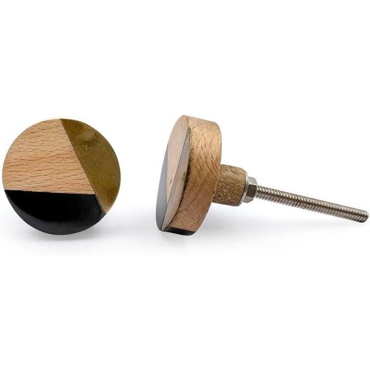 Round Brass Knob with Ceramic Finish | Black Handcrafted Geometric Pattern | Decorative Cabinet & Drawer | Knob for Dresser, Cupboard | 37x37 mm Face | 25 mm Depth | 78 mm Screw