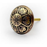 Round Brass Knob with Floral Engraved Design | Ceramic Finish Cabinet Drawer Pull Handle | Decorative Knob for Cupboards Wardrobes | 37x37 mm Face | 26 mm Depth | 17 mm Height