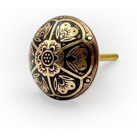 Round Brass Knob with Floral Engraved Design | Ceramic Finish Cabinet Drawer Pull Handle | Decorative Knob for Cupboards Wardrobes | 37x37 mm Face | 26 mm Depth | 17 mm Height