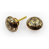 Round Brass Knob with Floral Engraved Design | Ceramic Finish Cabinet Drawer Pull Handle | Decorative Knob for Cupboards Wardrobes | 37x37 mm Face | 26 mm Depth | 17 mm Height