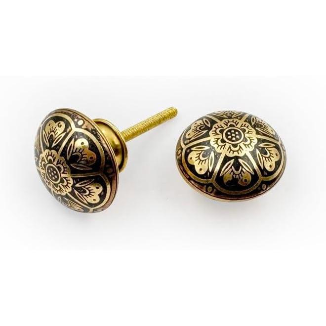 Round Brass Knob with Floral Engraved Design | Ceramic Finish Cabinet Drawer Pull Handle | Decorative Knob for Cupboards Wardrobes | 37x37 mm Face | 26 mm Depth | 17 mm Height