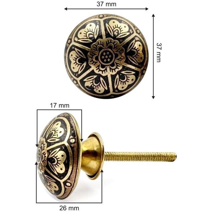 Round Brass Knob with Floral Engraved Design | Ceramic Finish Cabinet Drawer Pull Handle | Decorative Knob for Cupboards Wardrobes | 37x37 mm Face | 26 mm Depth | 17 mm Height