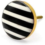 Round Brass & Resin Knob | Ceramic Finish with Black and White Striped Design | Decorative Cabinet & Drawer Pull Handle | 41x41 mm Face | 61 mm Length | 9 mm Height