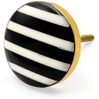 Round Brass & Resin Knob | Ceramic Finish with Black and White Striped Design | Decorative Cabinet & Drawer Pull Handle | 41x41 mm Face | 61 mm Length | 9 mm Height