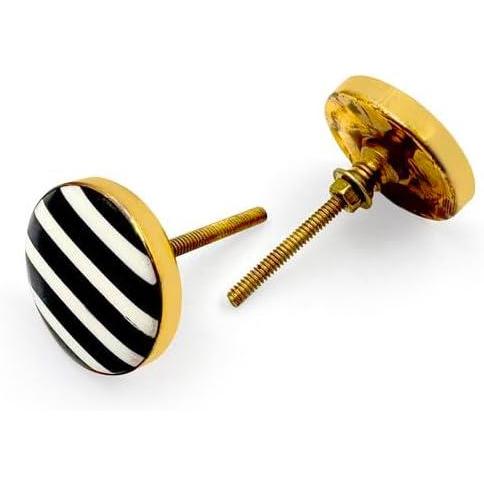 Round Brass & Resin Knob | Ceramic Finish with Black and White Striped Design | Decorative Cabinet & Drawer Pull Handle | 41x41 mm Face | 61 mm Length | 9 mm Height