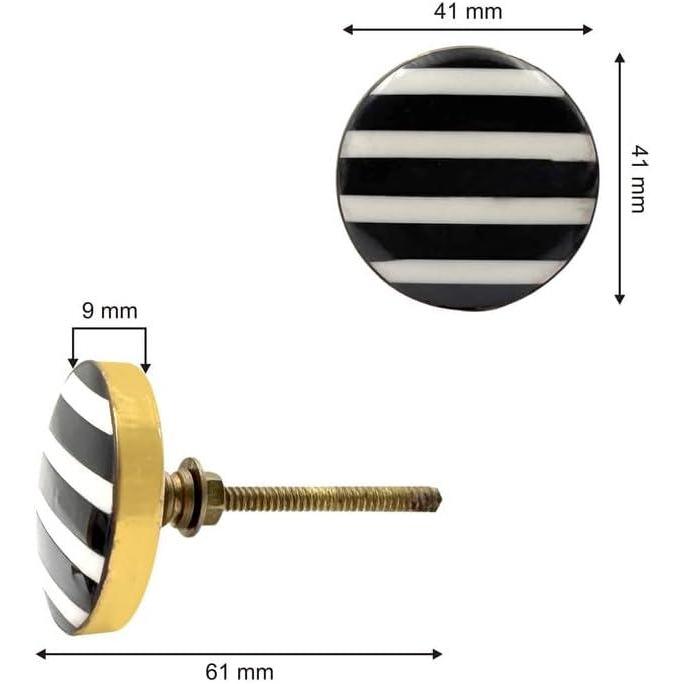 Round Brass & Resin Knob | Ceramic Finish with Black and White Striped Design | Decorative Cabinet & Drawer Pull Handle | 41x41 mm Face | 61 mm Length | 9 mm Height