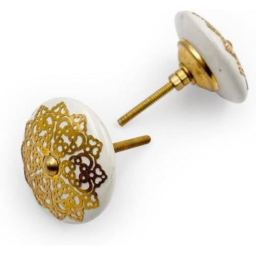 Round Decorative Cabinet Knob with Floral Overlay | Brass & Ceramic Material Furniture Handle | Ceramic Finish Drawer Knob for Wardrobes | 53mm Diameter, 27mm Height, 66mm Depth