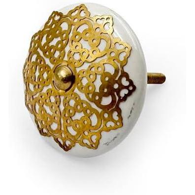 Round Decorative Cabinet Knob with Floral Overlay | Brass & Ceramic Material Furniture Handle | Ceramic Finish Drawer Knob for Wardrobes | 53mm Diameter, 27mm Height, 66mm Depth