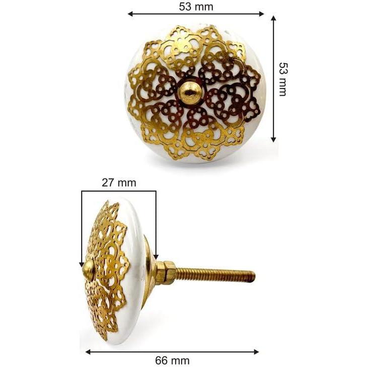 Round Decorative Cabinet Knob with Floral Overlay | Brass & Ceramic Material Furniture Handle | Ceramic Finish Drawer Knob for Wardrobes | 53mm Diameter, 27mm Height, 66mm Depth